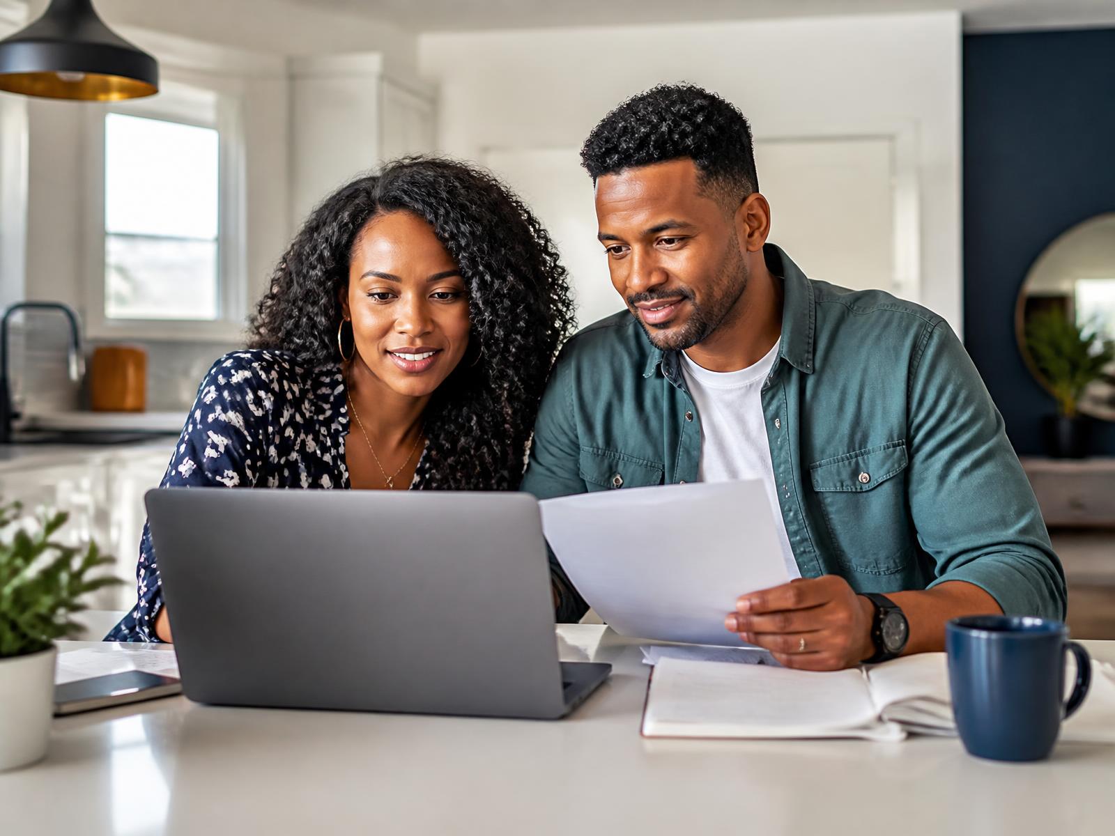 Couple reviewing their credit report together at home